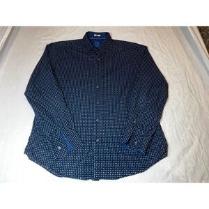 BUCATCHI UOMO Mens Navy Blue White Dot Dress Shirt Shaped Fit Long Sleeve Cotton